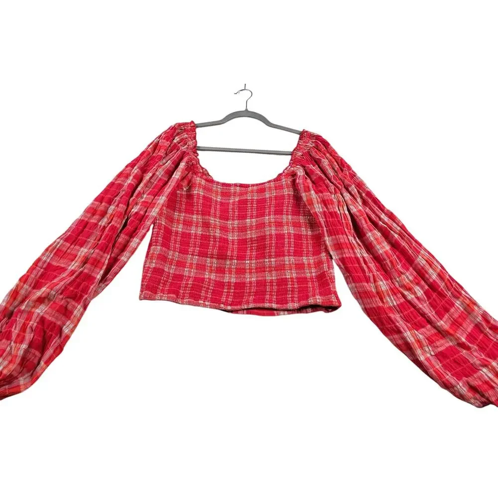 Free People Cherry Bomb Madras Plaid Smocked Corset Top Puff Sleeve size L 0008
